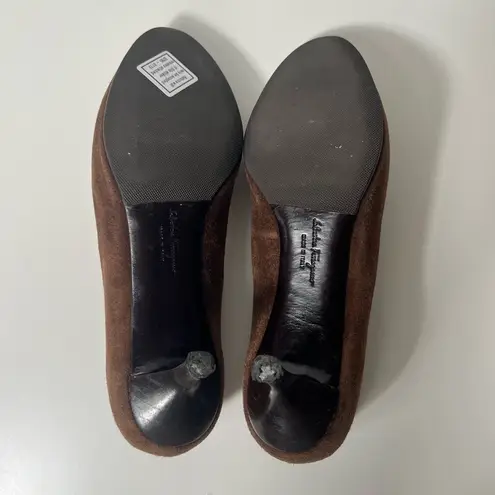 Salvatore Ferragamo Brown Suede Round Toe Kitten Heel Pumps