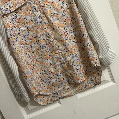 Neiman Marcus Women’s Floral / Striped Sleeves Button Up blouse Top Sz XS