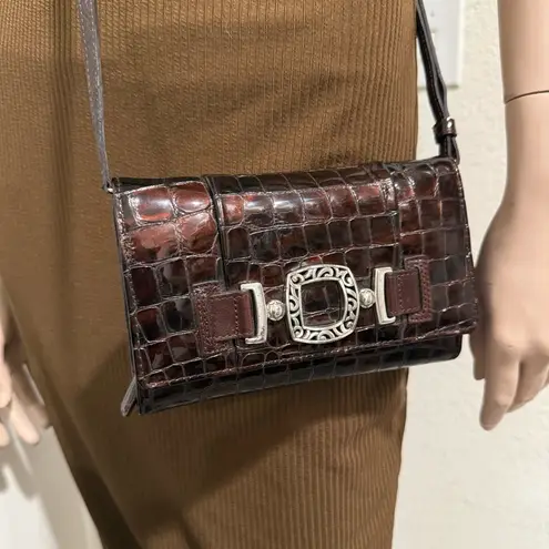 Brighton  Chocolate Brown Embossed Croc Patent Leather Crossbody Purse Wallet