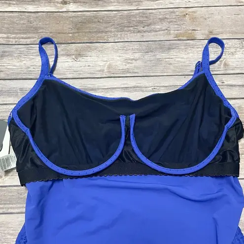 Skye Cobalt Blue Velveteen Polka Dot Tankini NOS Medium D Cup Underwire Ruching