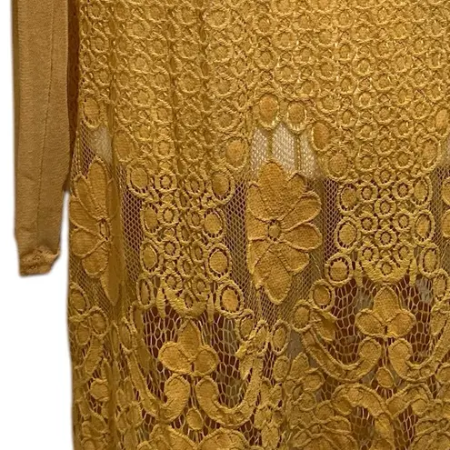 EMBER MESH LACE KIMONO MUSTARD YELLOW FLORAL EYELASH FRINGE DUSTER Gold Size L
