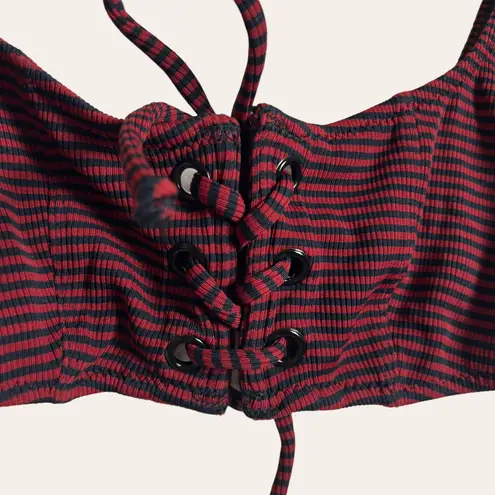 Staud x Solid and Striped Black Red Striped Lace Up Bikini Swimsuit Top S