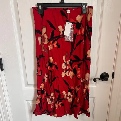 Band of the Free Womens Heart Beat Floral Midi Skirts Side Slit Large Red NWT