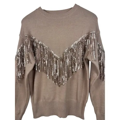 Fate Women's Size Small Tan Sequin Fringe Crewneck Long Sleeve Sweater
