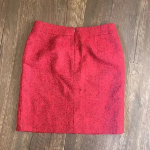 Akris two tone red wool pencil skirt, front slit with faux leather panel behind