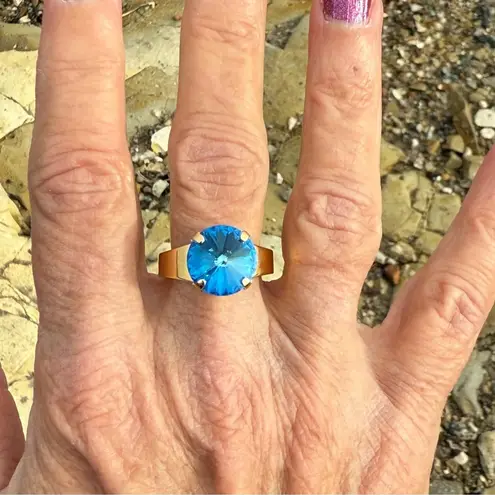 Handcrafted sparkly ring made with blue Swarovski crystal adjustable fit Gold