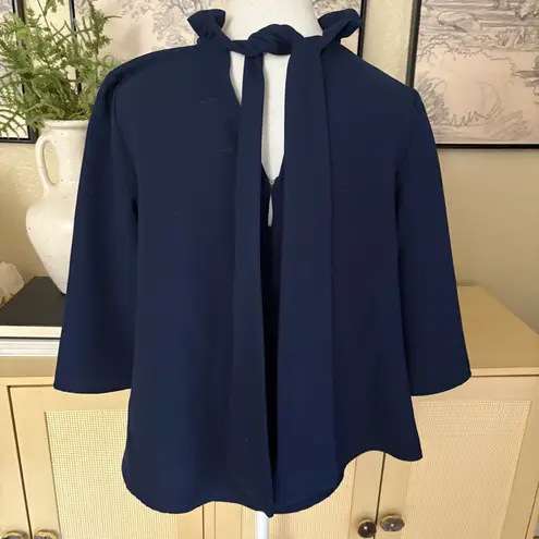 TICKERNUCK POMANDER PLACE Navy Faye Blouse High Neck Top Back Tie Size Medium Blue