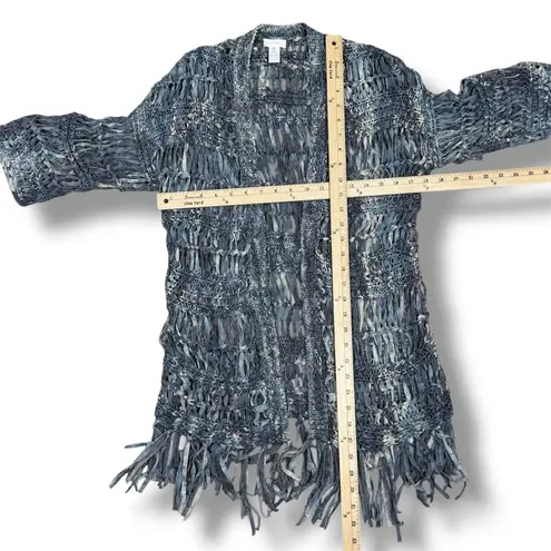 Chico's  Boho Open Ribbon Yarn Knit Fringe Cardigan Sweater Denim Blue Small