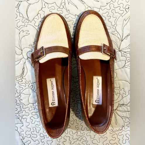 Etienne Aigner Carver Leather/Canvas Buckle Loafer Croc Embossed Shoes Sz 6.5