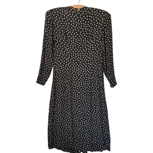 Vtg Neiman Marcus Black Paisley Shirred Secretary Dress sz 10 Modest Union 80s