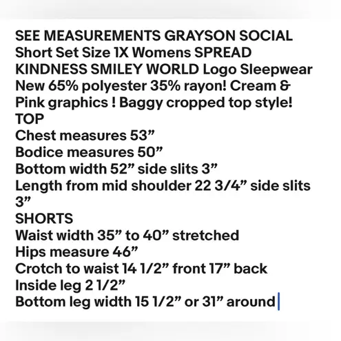 GRAYSON SOCIAL PJ Short Set Size 1X Womens SPREAD KINDNESS Logo Sleepwear New