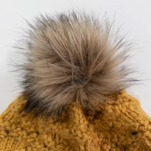 The Unraveled Sheep Cable Knit Beanie Hat Womens Yellow Winter Faux Fur Pom Pom