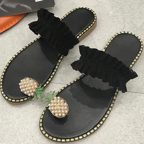 Pearl pineapple black ruffle sandals 7