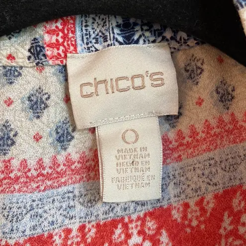 Chico's CHICO’S Size 0 Cold Shoulder Tie Neck Blouse Red Blue Cream Patchwork Bandana