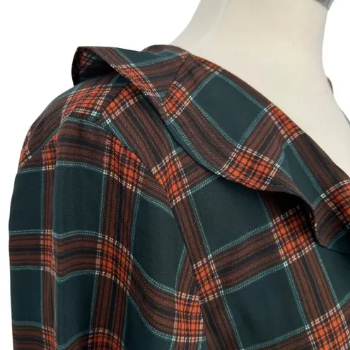 Lumière Lumiere Plaid Wrap Ruffle Collar Balloon Sleeve Blouse Green Orange Size Medium