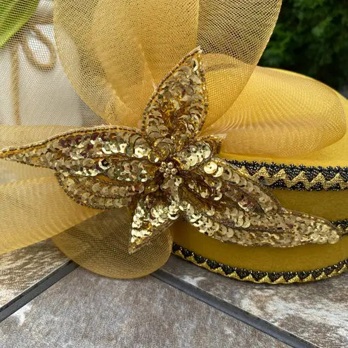 NEW Glitzy Mustard Gold Sequin Fancy Tulle Wool Spray Bow Hat Headpiece Yellow