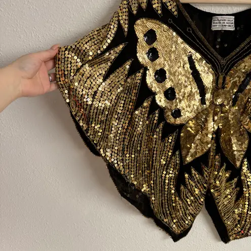 Vintage 70s Gold Black Silk Sequin Beaded Butterfly Boho Disco V Neck Drape Top