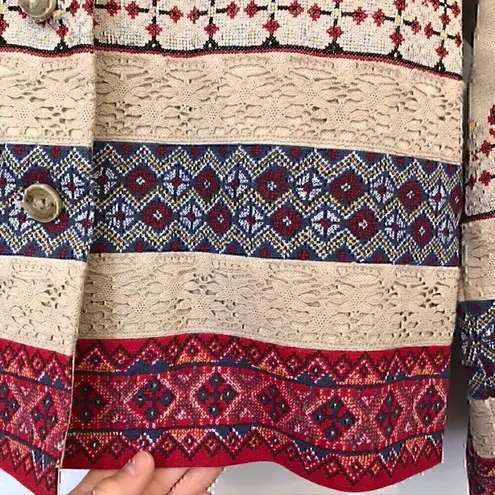 Coldwater Creek Beige Tan Red Blue Cross Stitch Linen Etc Shacket Jacket Medium