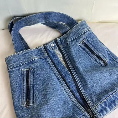 Reworked Vintage Denim Jeans Large Tote Bag Zip Pockets Casual Y2K Boho Retro