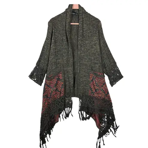 Cine Anthropologie Open Front Boho Crochet Fringe Geometric Cardigan Sweater M Green Size M