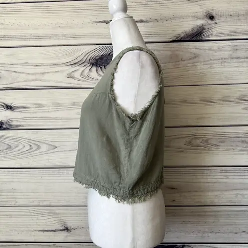 Thread and Supply  Linen Sage Green Frayed Hem Button Crop Top