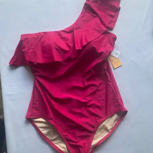 Kona Sol Women’s Ruffle One Shoulder Coverage One Piece Pink Swimsuit
Size L (12-14