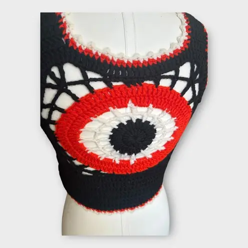 Handmade Vintage 70s Crochet Crop Top Hand Made Hippie Indie Festival Black & Orange sz S