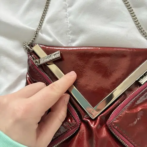 Kooba Envelope Style Patent Leather Clutch Crossbody Shoulder Chain Dark Red