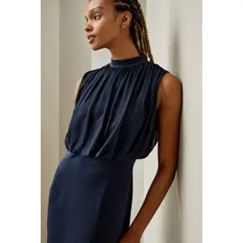 LILYSILK Pleated Sleeveless Silk Midi Dress Navy Blue NWT NWD Size 14 Mulberry