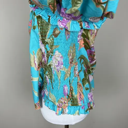Anthropologie Love The Label Top Womens XL Blue Floral Puff Sleeve Asymmetrical Blue