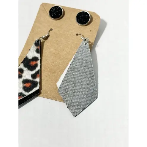 Animal Sequin Embellished Leather Dangle & Crystal Round Earrings Black 2 Pairs