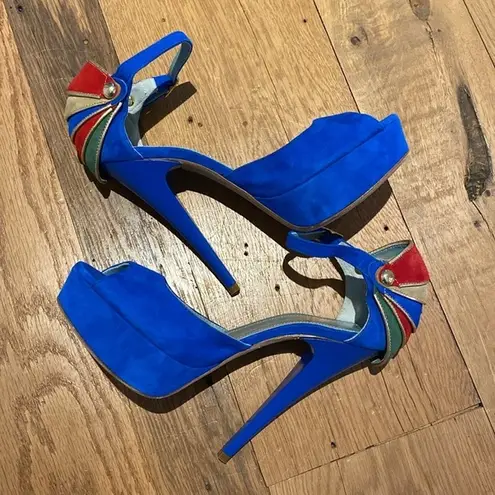 Havi Elle Rare Luxury Cobalt Blue Platform Suede PeepToe Made in Italy Heels 7.5