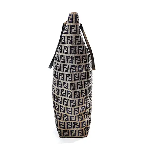 Fendi  Zucca Navy Blue Leather and Grey Monogram Canvas Shoulder Bag COA