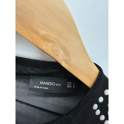 Mango  USA Black Studded Sheer Mesh Long Sleeve Shirt Size L Grunge Emo Y2K