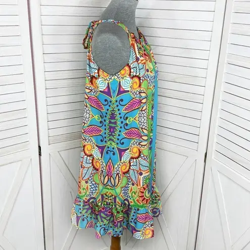 Jade Melody Tam Multi Floral Print Ruffle Hem Tunic Halter Dress Medium Blue - Image 3