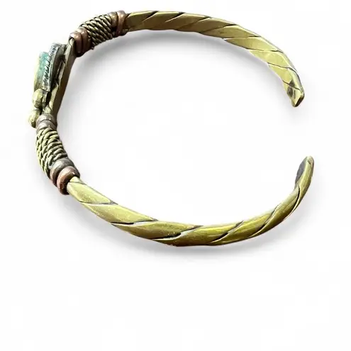 Rare Vintage American Indian Cuff Bracelet Green Stone Gold Tone Bronze Artisan
