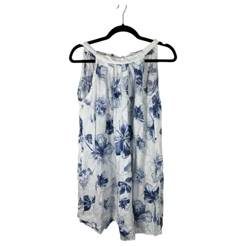 Bella Umbra Italy Linen White Blue Floral Resort Sleeveless Flowy Dress Medium