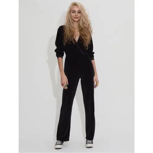 Suzie Kondi Selvi Black Velour Velvet V Neck Long Sleeve Jumpsuit Size XL Wrap