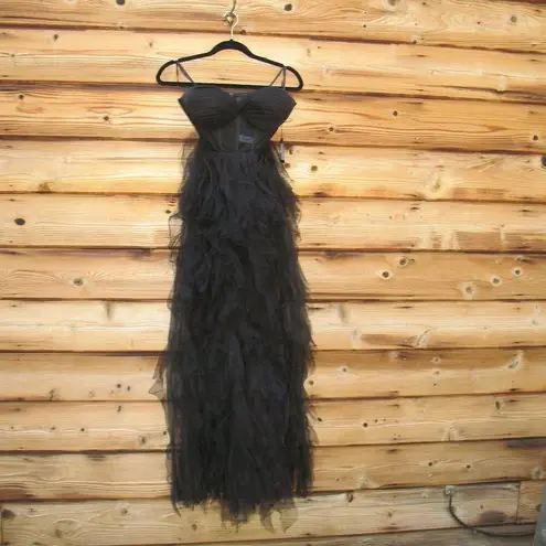 Mac Duggal 27532 Black Strapless Bustier Net Gown With Spiral Ruffles