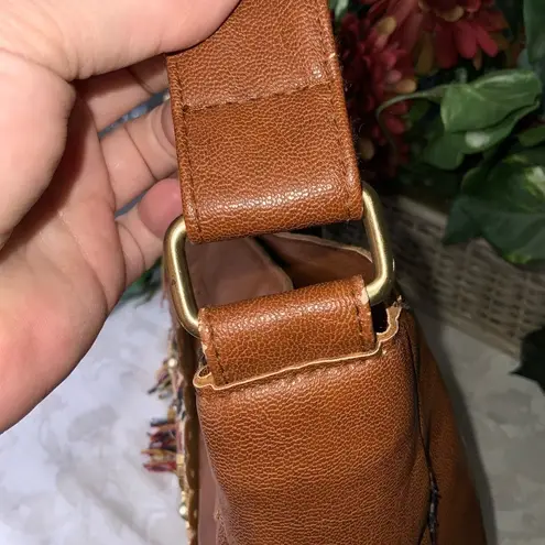 Raj Dark Caramel Tan Hobo Shoulder Strap Fringe Embroidery Beads Boho Hippie Bag