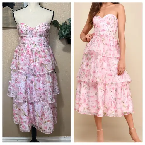 Pristine Cutie Light Pink Floral Organza Bustier Midi Dress Size XL