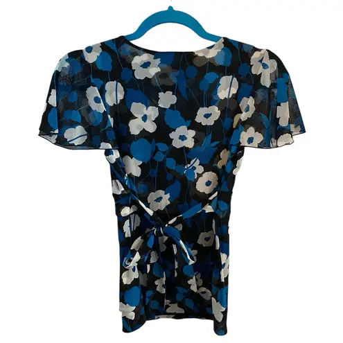 Vintage Y2k INC Floral Blue & Black Women's Mesh tie back Flutter sleeve Top