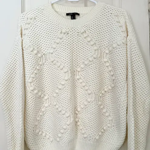 Mango Cream Knit Honeycomb Crewneck Sweater w. Pom Poms