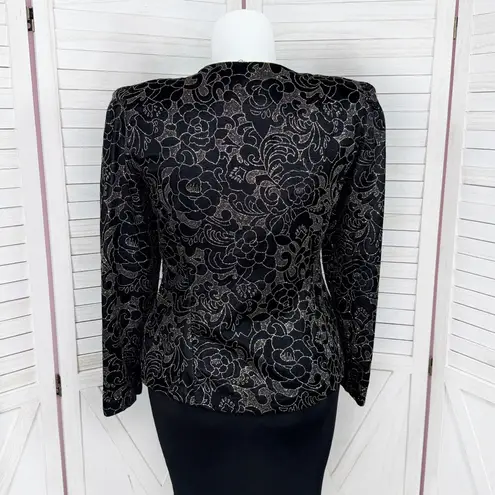 Vintage 80s R&K Evening Floral Glittered Velvet Jacket Black Gold 14