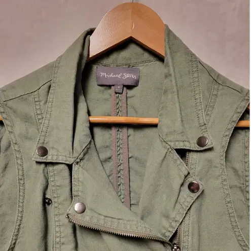 Michael Stars Olive Army Green Moto Vest 100% Linen Military Y2K Grunge Womens S