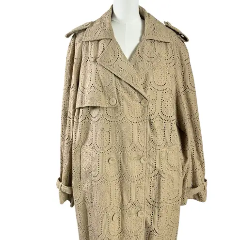 Farm Rio Khaki Pineapple Cotton Eyelet Trench Coat Size Large Neutral Bohemian