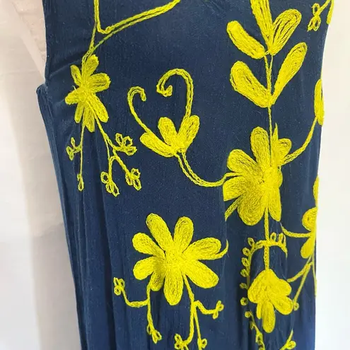 Riviera Sun Embroidered Denim Maxi Dress Sz S Festival Pom Poms Hanky Hem Boho Blue