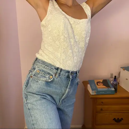 Vintage White Floral Lace Tank Top Square Neckline Size L