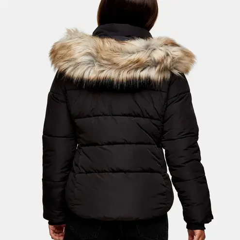 Topshop NWT $125  tie waist padded jacket with faux-fur hood in khaki sz 2