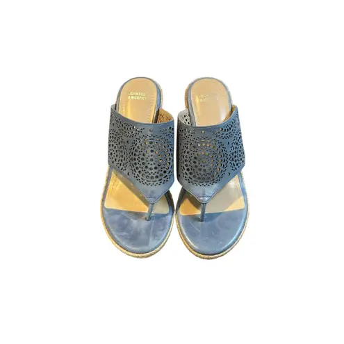 Johnston & Murphy Blue Laser Cut Wedge Espadrille Thong Sandals Women Size 8M